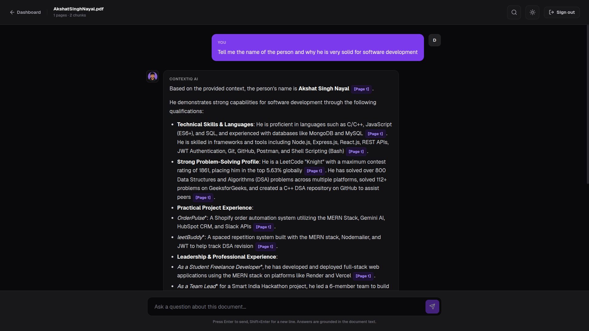 ContestRagIQ RAG Document Chat screenshot